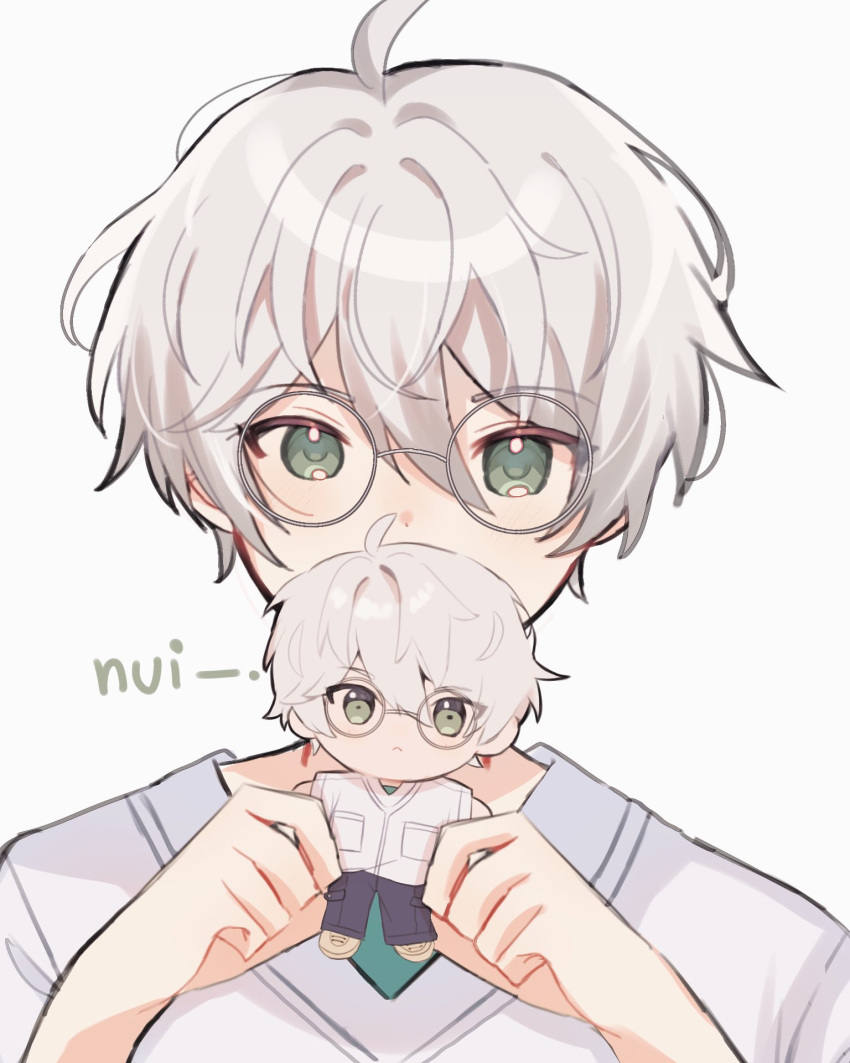 1boy, ahoge, character_doll, covering_own_mouth, ensemble_stars!, glasses, green_eyes, green_undershirt