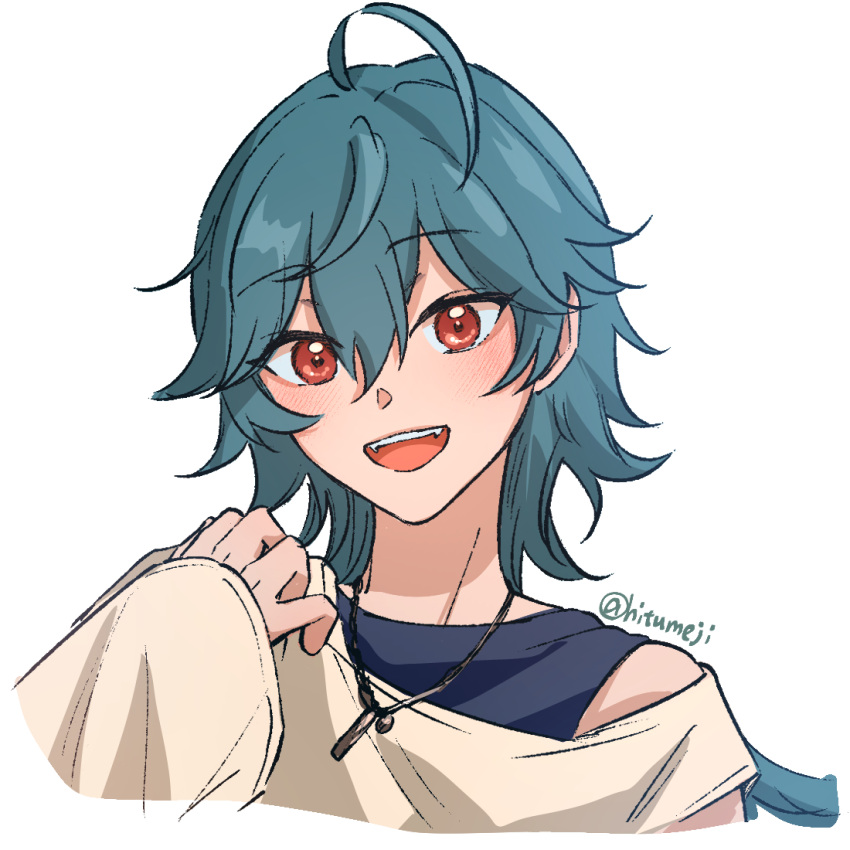 1boy, ahoge, aqua_hair, black_tank_top, ensemble_stars!, fangs, grey_background, hitumeji