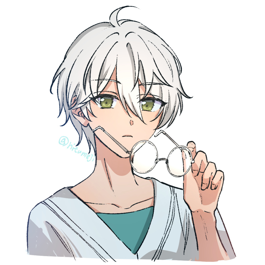 1boy, closed_mouth, ensemble_stars!, glasses, green_eyes, green_undershirt, grey_background, hitumeji