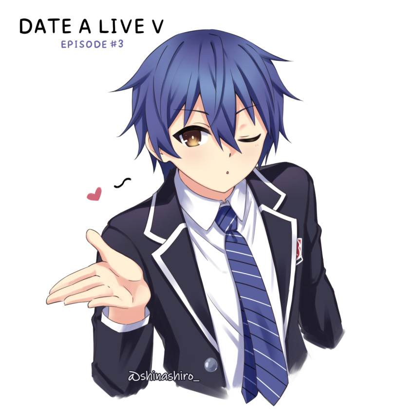 1boy, blazer, blowing_kiss, blue_hair, blue_necktie, collared_shirt, cropped_torso, date_a_live