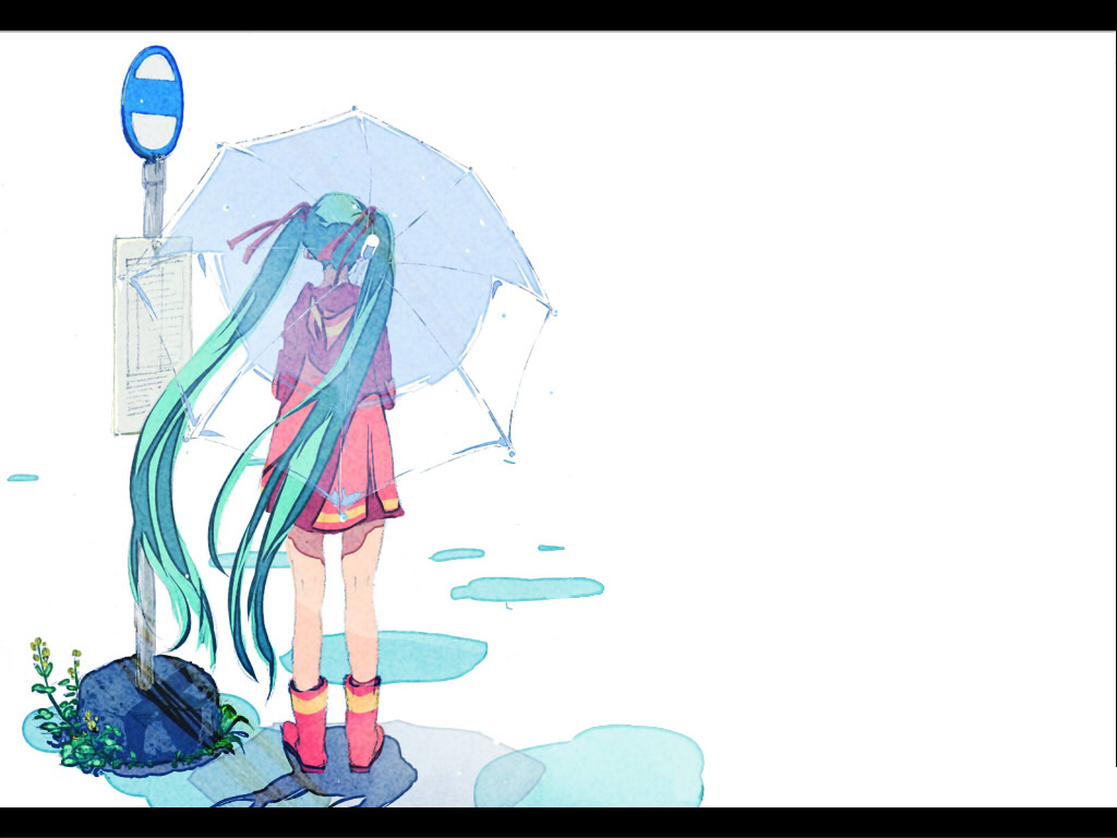 boots, bus_stop, from_behind, green_hair, hair_ribbon, hatsune_miku, legs, long_hair, ma_(2ql), plant, puddle, ribbon, rubber_boots, sign, simple_background, solo, twintails, umbrella, very_long_hair, vocaloid, wind