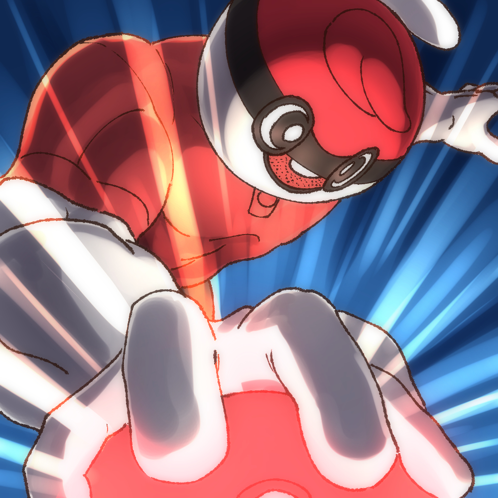 1boy, bad_id, bad_twitter_id, ball_guy, blue_background, commentary_request, derivative_work, destiny_hero_-_dunker, glowing, holding, holding_poke_ball, inactive_account, male_focus, muscular, muscular_male, open_mouth, parody, poke_ball, pokemon, pokemon_swsh, red_shirt, ruru_ashihara, shirt, short_sleeves, skin_tight, smile, solo, yu-gi-oh!