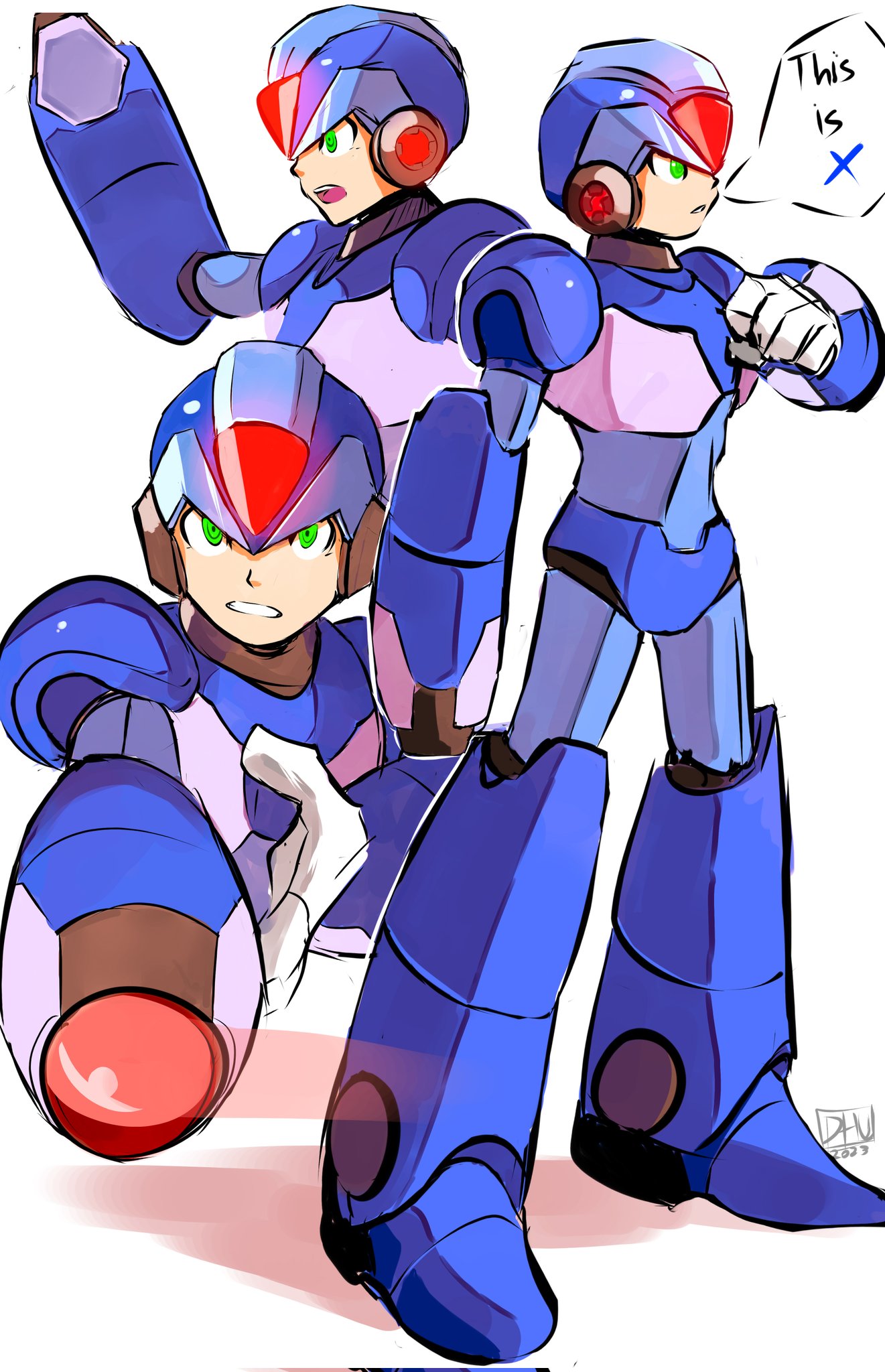 1boy, arm_cannon, armor, blue_armor, blue_helmet, danyhu16, english_commentary, full_body