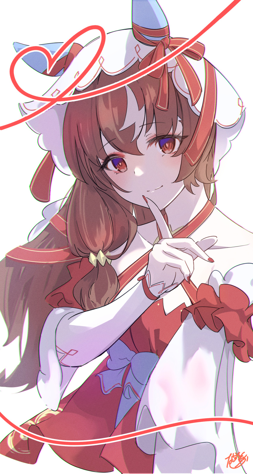 1girl, absurdres, animal_ears, blush, breasts, brown_hair, collarbone, commentary_request, detached_sleeves, finger_to_mouth, fingernails, hair_between_eyes, hair_ornament, heart, highres, horse_girl, long_hair, looking_at_viewer, nazmocha, red_eyes, signature, simple_background, small_breasts, smile, still_in_love_(umamusume), thigh-highs, umamusume, veil, white_background