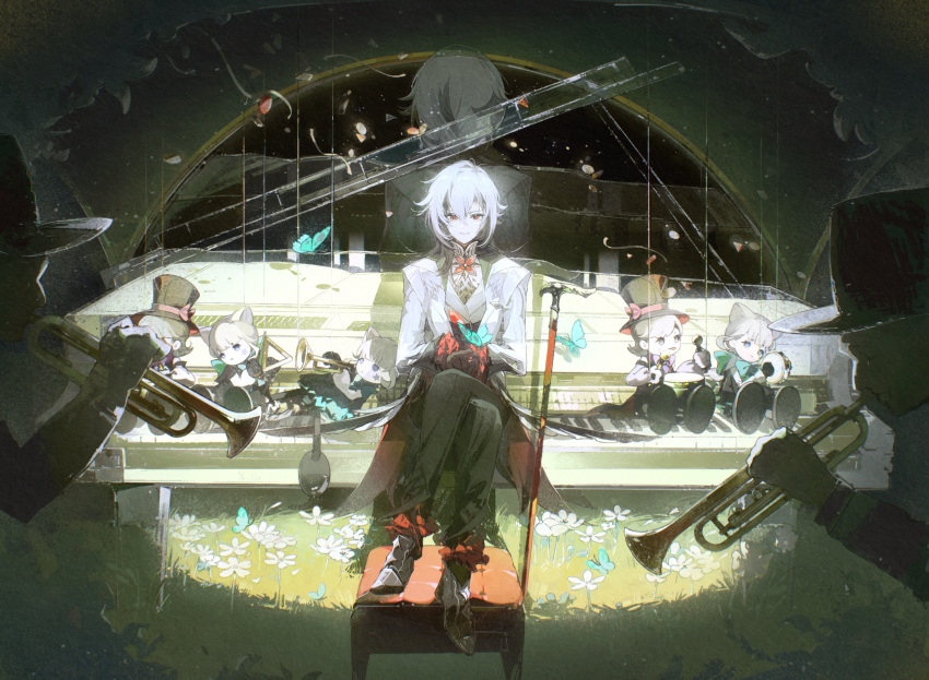 2boys, 2girls, abulb, arlecchino_(genshin_impact), back-to-back, black_eyes, black_footwear, black_gloves