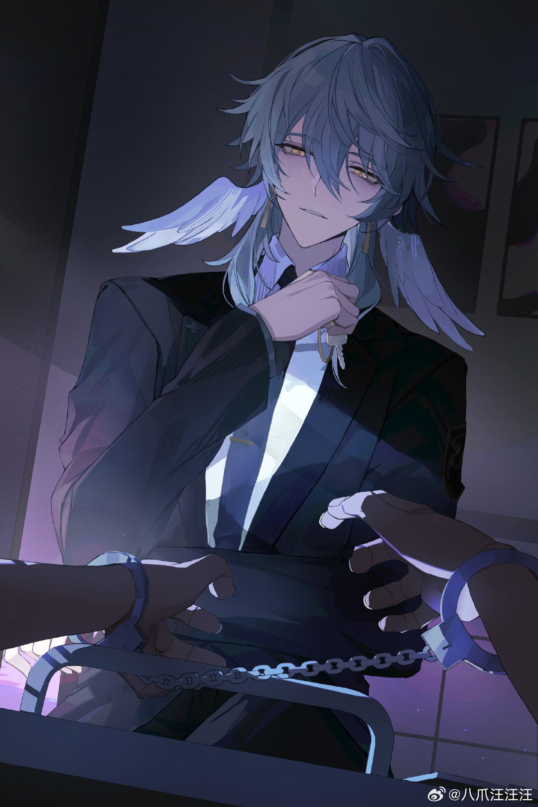 1boy, alternate_costume, bazhua, black_jacket, black_necktie, black_pants, black_suit, bound