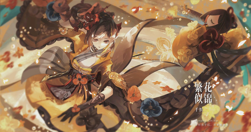 1girl, asymmetrical_sidelocks, blonde_hair, brown_hair, chiori_(genshin_impact), choker, drill_hair, drill_ponytail