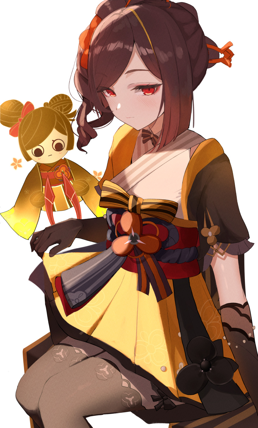 1girl, absurdres, asymmetrical_sidelocks, chiori_(genshin_impact), choker, drill_hair, drill_ponytail, gaiters, genshin_impact, grey_kimono, hair_ornament, hair_stick, haori, highres, imblossoms, japanese_clothes, kimono, pantyhose, red_eyes, red_sash, ribbon_choker, sash, short_kimono, skirt, solo, tamoto_(genshin_impact), thigh-highs, thighhigh_gaiters, thighhighs_over_pantyhose, yellow_kimono, yellow_skirt