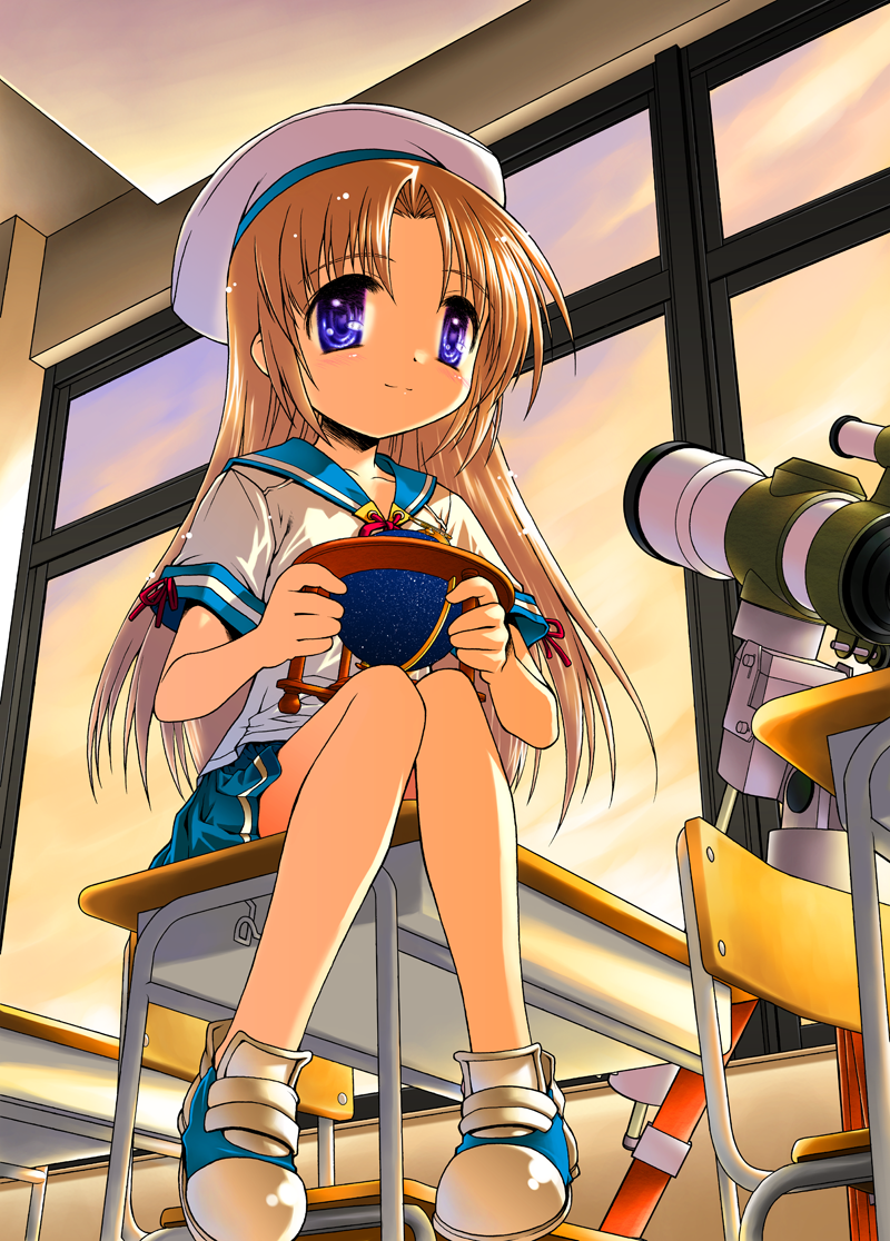 brown_hair, casual, from_below, globe, hat, kurosu_tsugutoshi, long_hair, muneaki_hamatsu