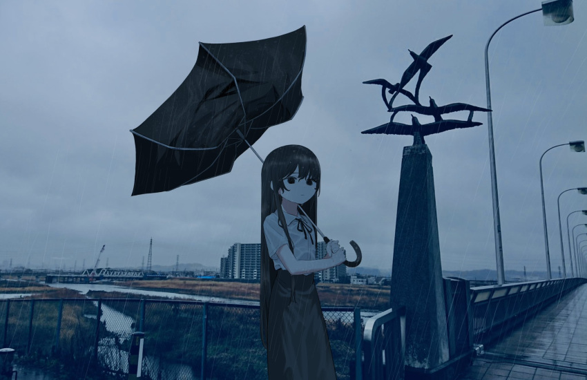 1girl, bird, black_dress, black_eyes, black_hair, black_ribbon, black_umbrella, blue_sky