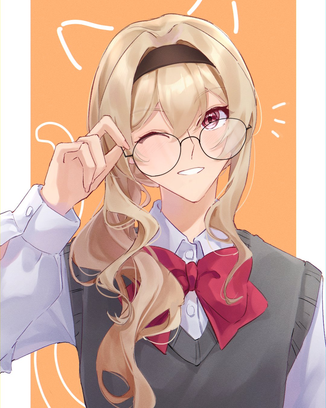 1girl, adjusting_eyewear, alternate_hairstyle, animal_ears, arm_at_side, bespectacled, black-framed_eyewear, black_hairband