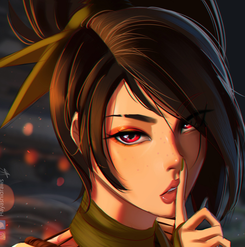 1girl, absurdres, akali, artist_name, black_hair, close-up, finger_to_mouth, freckles