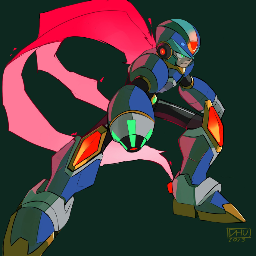 1boy, android, arm_cannon, armor, blue_armor, blue_footwear, blue_helmet, boots