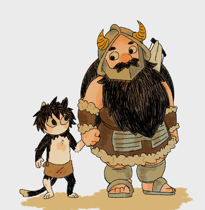 1boy, 1girl, affectionate, beard, black_hair, brown_hair, cat_girl, cutystuffy