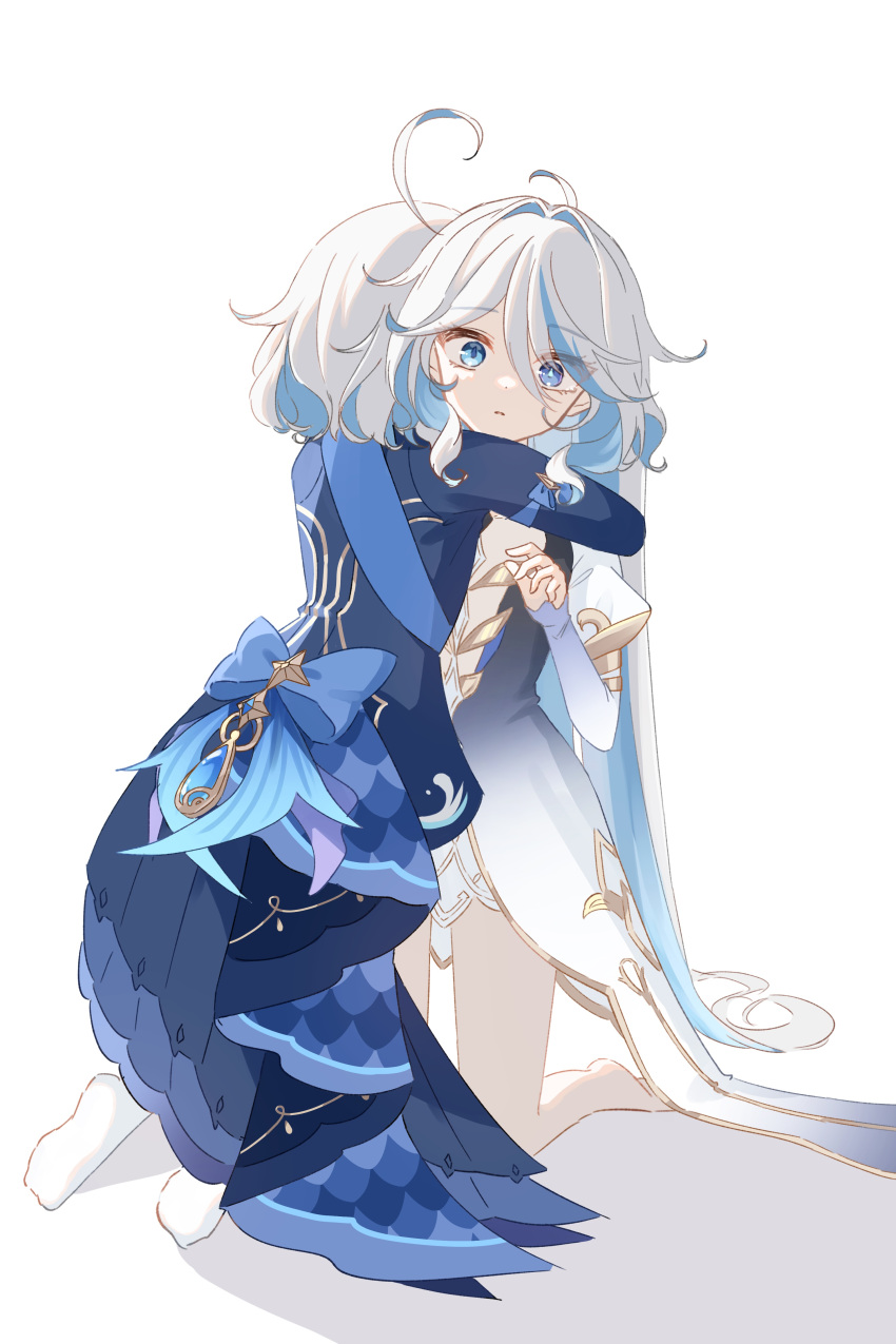 2girls, absurdres, ahoge, aqua_eyes, back_bow, barefoot, blue_dress, blue_gemstone, blue_hair, blue_skirt, bow, cowlick, dot_nose, dress, drop-shaped_pupils, dual_persona, eyes_visible_through_hair, focalors_(genshin_impact), full_body, furina_(genshin_impact), gem, genshin_impact, hair_between_eyes, hair_intakes, hand_up, highres, hug, kneeling, kodona, large_bow, light_blue_hair, lolita_fashion, long_hair, long_sleeves, looking_at_viewer, medium_hair, multicolored_hair, multiple_girls, no_headwear, no_legwear, no_socks, outstretched_arms, ruiuta_2900, short_hair, simple_background, skirt, socks, streaked_hair, surprised, symbol-shaped_pupils, tearing_up, white_background, white_socks