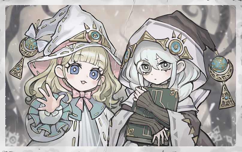 2girls, :d, asteria_of_the_white_woods, blonde_hair, blue_eyes, book, bow, braid