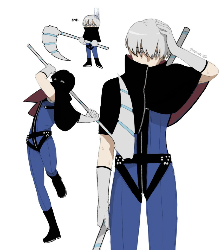 1boy, aran_hekiru, artist_name, black_footwear, blue_bodysuit, bodysuit, boots, bowl_cut