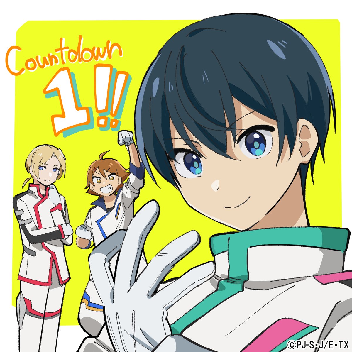 3boys, artist_request, blonde_hair, blue_eyes, brown_eyes, brown_hair, clenched_hands, countdown, forden_akane, gloves, hair_behind_ear, highres, jacket, kuzuryuu_ryouta, looking_at_viewer, male_focus, multiple_boys, official_art, onari_taisei, pants, ponytail, shinkalion:_change_the_world, shinkalion_(series), short_hair, smile, white_gloves, white_jacket, white_pants, yellow_background