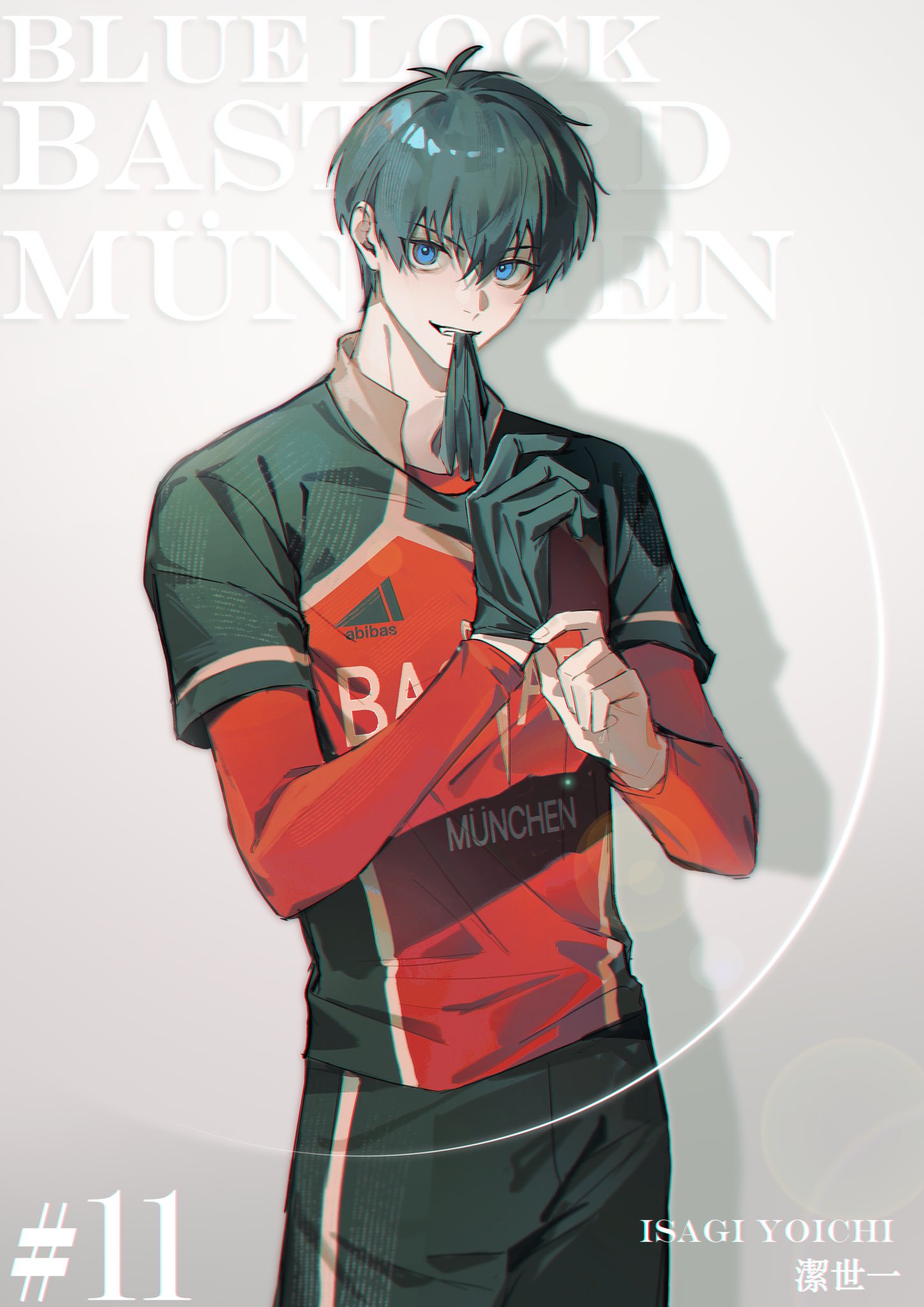1boy, adjusting_clothes, adjusting_gloves, biting, black_gloves, black_hair, black_pants, black_shirt