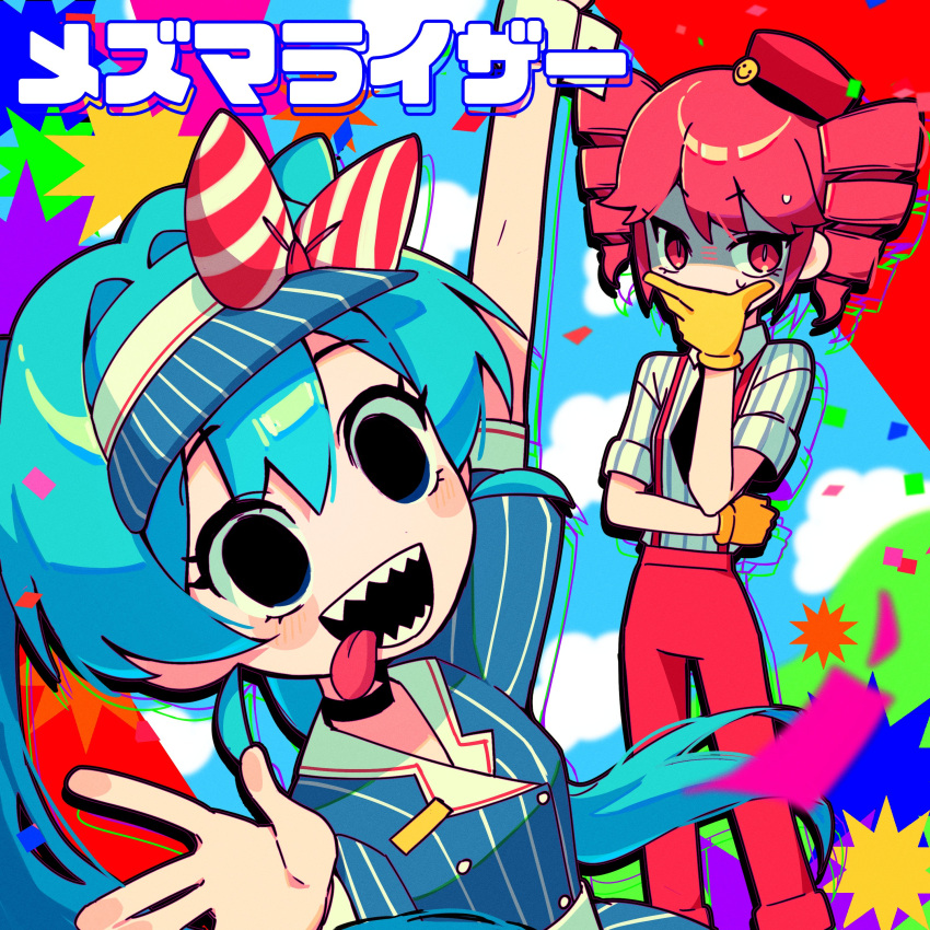 2girls, absurdres, arm_up, black_choker, blue_dress, blue_hair, blue_hat, bow