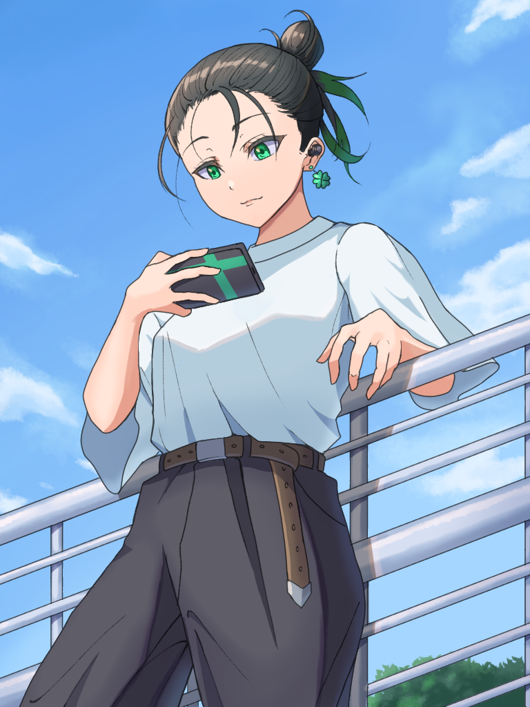 1girl, against_railing, alternate_hairstyle, belt, black_hair, black_pants, blue_sky, breasts, brown_belt, cellphone, closed_mouth, clover, clover_earrings, commentary_request, four-leaf_clover, gradient_hair, green_eyes, green_hair, holding, holding_phone, looking_at_phone, love_live!, love_live!_nijigasaki_high_school_idol_club, medium_breasts, momo_mochi_(favk5328), multicolored_hair, outdoors, pants, phone, railing, shirt, sky, smartphone, solo, standing, takasaki_yu, upper_body, white_shirt, wireless_earphones