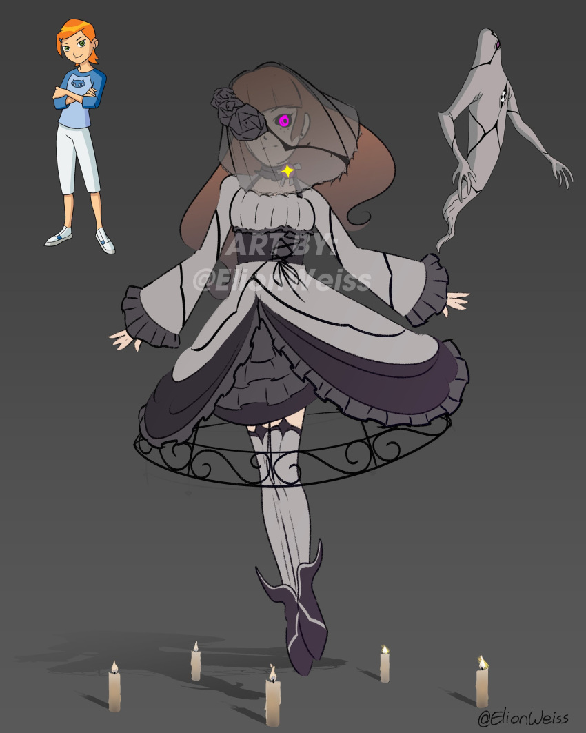 1girl, absurdres, alternate_universe, ben_10, black_corset, black_footwear, black_sclera, boots