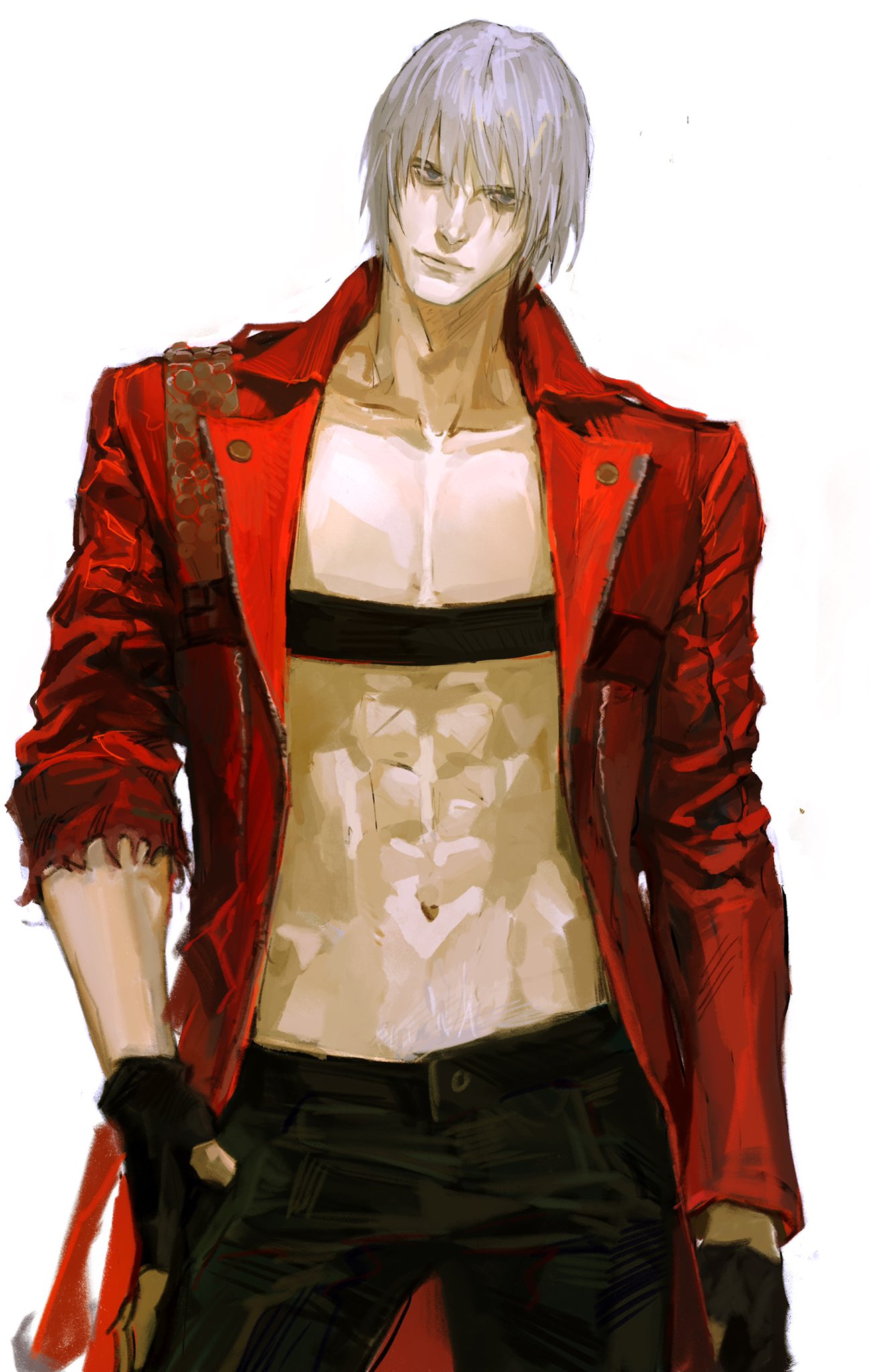 1boy, abs, belt, belt_bra, bishounen, black_gloves, black_pants, blue_eyes, closed_mouth, coat, collarbone, cowboy_shot, dante_(devil_may_cry), devil_may_cry_(series), devil_may_cry_3, fingerless_gloves, gloves, hand_in_pocket, hand_on_own_hip, highres, jacket, jewelry, long_hair, long_sleeves, looking_at_viewer, male_focus, muscular, muscular_male, navel, necklace, nipples, open_clothes, open_jacket, open_shirt, pants, pectorals, red_coat, red_jacket, simple_background, smile, solo, standing, toned, topless_male, white_background, white_hair, xiong_hai