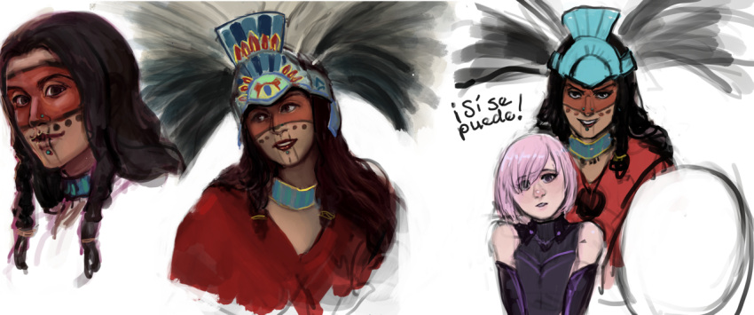 2girls, alternate_eye_color, alternate_hair_color, alternate_skin_color, aztec, bare_shoulders, black_bodysuit, black_hair