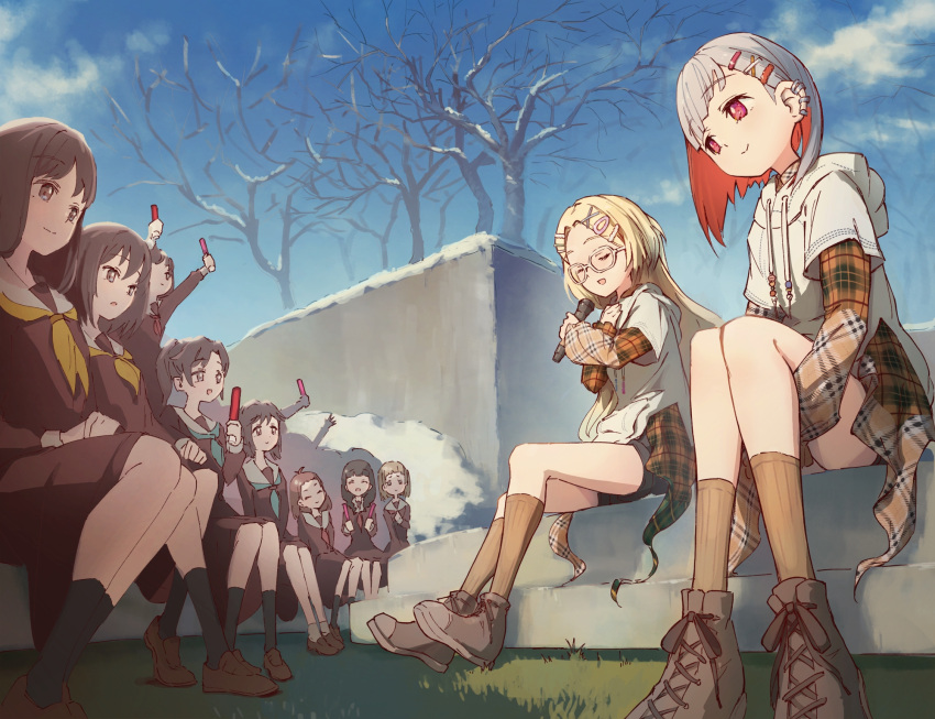 6+girls, :d, :o, ^_^, antenna_hair, aqua_neckerchief, audience, bare_tree