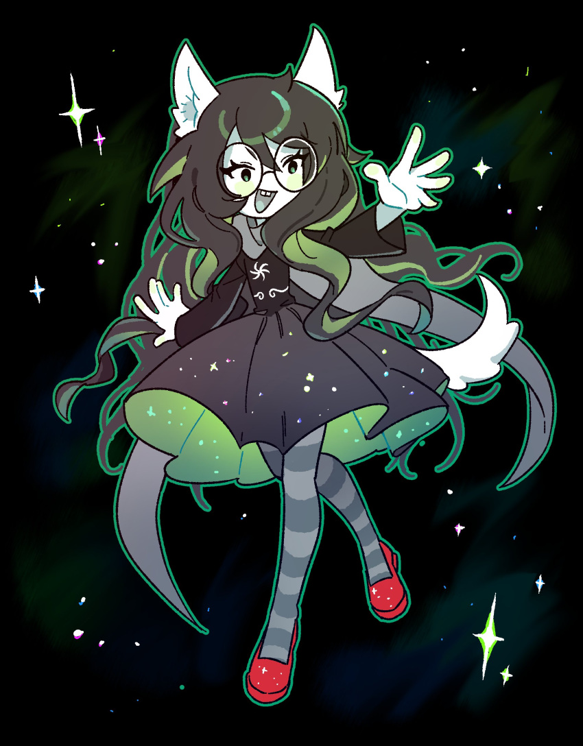 1girl, absurdres, animal_ears, black_dress, black_hair, black_hood, dog_ears, dog_tail, dress, full_body, god_tier_(homestuck), green_dress, green_eyes, green_hair, highres, homestuck, hood, hood_down, jade_harley, long_hair, maengnyeom, multicolored_hair, open_mouth, pantyhose, red_footwear, round_eyewear, shoes, smile, solo, space, streaked_hair, striped_clothes, striped_pantyhose, tail, two-sided_dress, two-sided_fabric, very_long_hair