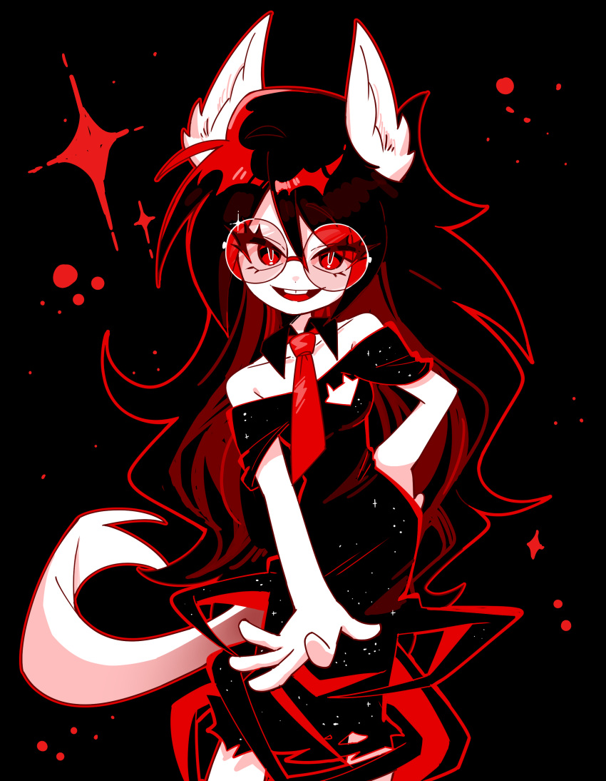 1girl, absurdres, animal_ears, bare_shoulders, black_background, black_hair, buck_teeth, cowboy_shot