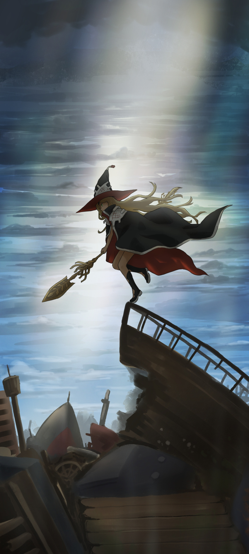 1girl, absurdres, black_cape, black_footwear, blonde_hair, boots, cape, clouds, cloudy_sky, collared_cape, english_commentary, eyepatch, from_side, green_eyes, gungnir_(toaru), hat, highres, holding, holding_polearm, holding_weapon, knee_boots, long_hair, othinus, outdoors, polearm, red_cape, ship, sky, solo, spear, standing, standing_on_one_leg, tatararashi, toaru_majutsu_no_index, toaru_majutsu_no_index:_new_testament, two-sided_cape, two-sided_fabric, very_long_hair, watercraft, weapon, witch_hat, wreckage