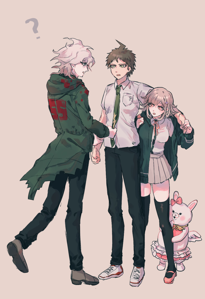 1girl, 2boys, ?, ahoge, black_pants, black_shirt, black_thighhighs, breasts