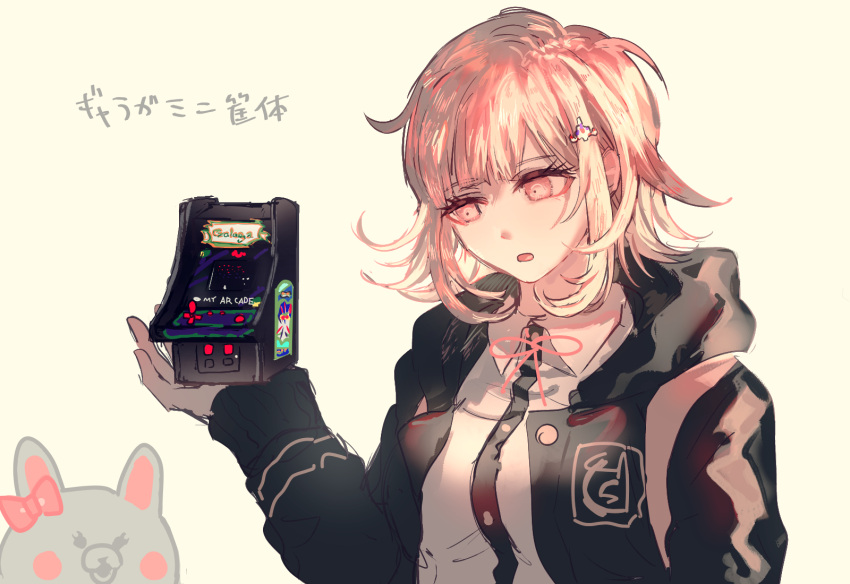 1girl, :o, arcade_cabinet, backpack, bag, black_jacket, bow, brown_hair