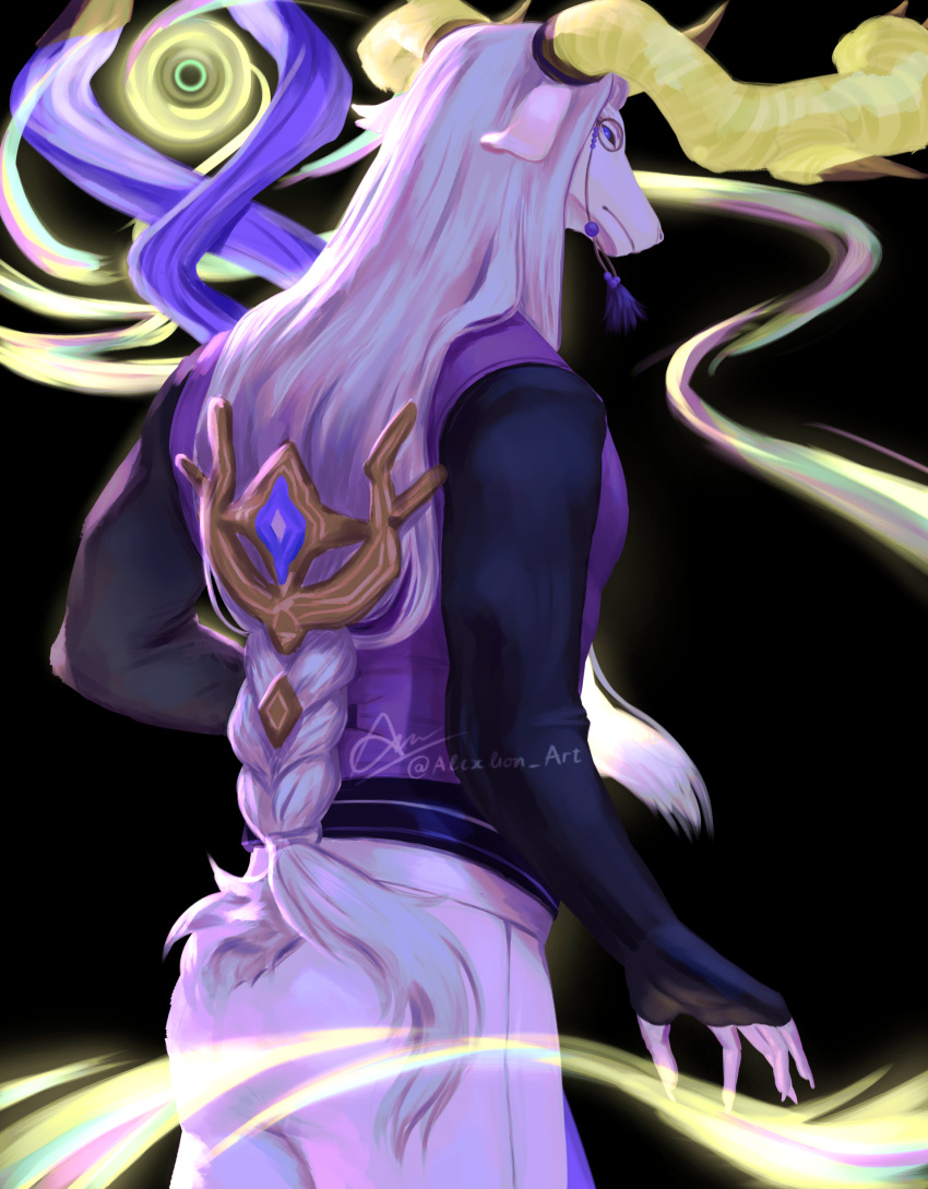 1boy, absurdres, animal_ears, black_background, black_shirt, braid, dislyte, english_commentary, from_behind, furry, furry_male, goat_ears, goat_horns, highres, hinnab_art, horns, looking_back, male_focus, monocle, pants, profile, purple_vest, shirt, vest, violet_eyes, white_hair, white_pants, yu_ran_(bai_ze)_(dislyte)