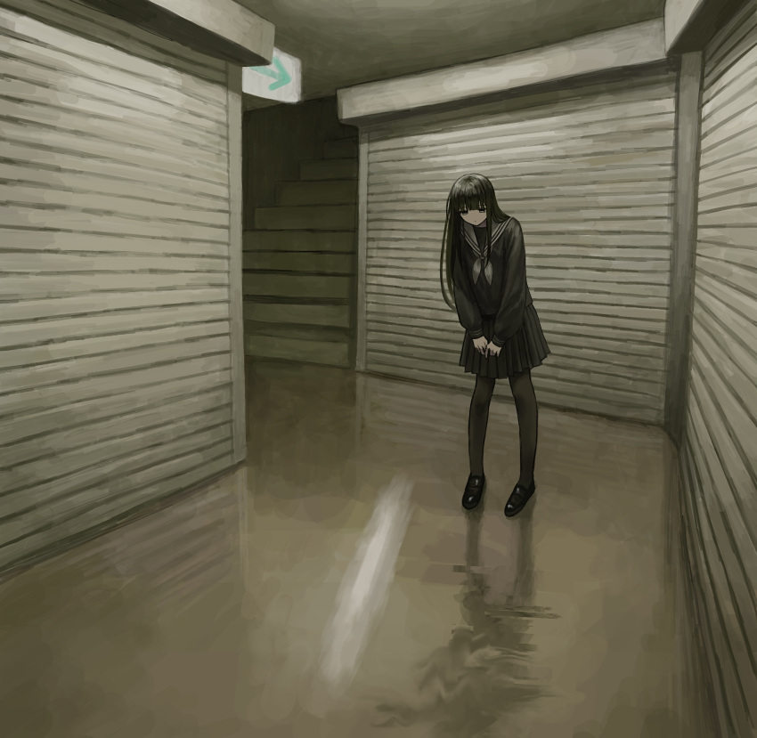 1girl, black_footwear, black_hair, black_pantyhose, black_serafuku, black_shirt, black_skirt, blunt_bangs