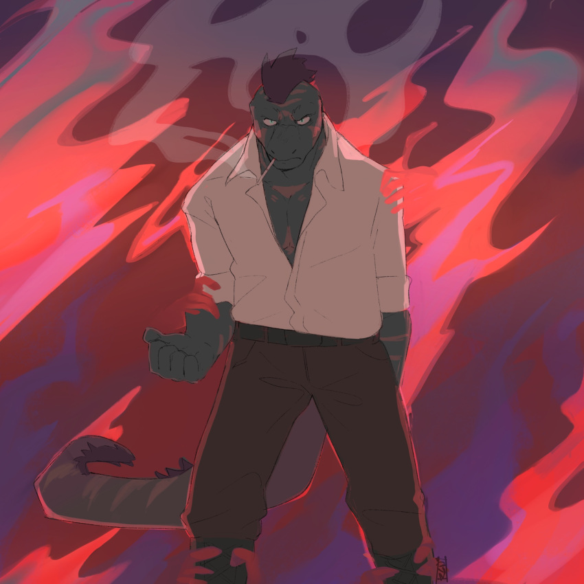 1boy, angry, artist_name, blue_eyes, brown_pants, cigarette, clenched_hand, echo_(visual_novel)