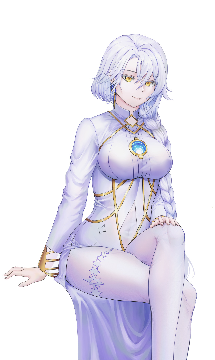 1girl, absurdres, braid, breasts, closed_mouth, covered_navel, crossed_legs, eos_(neural_cloud)