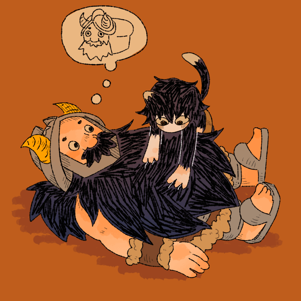 1boy, 1girl, animated, animated_gif, beard, black_hair, bread, brown_hair
