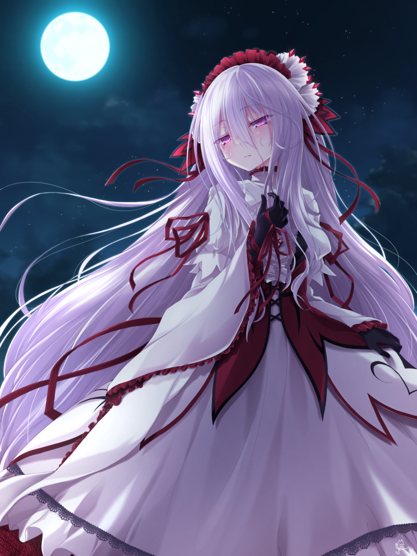 1girl, black_gloves, chaamii, commentary_request, dress, expressionless, farushu_lamia_valentine, full_moon, gloves, gothic_delusion, grey_hair, hair_between_eyes, hairband, highres, lolita_fashion, lolita_hairband, long_hair, looking_to_the_side, moon, night, outdoors, pink_eyes, red_dress, sky, solo, star_(sky), starry_sky, two-tone_dress, very_long_hair, white_dress, wide_sleeves