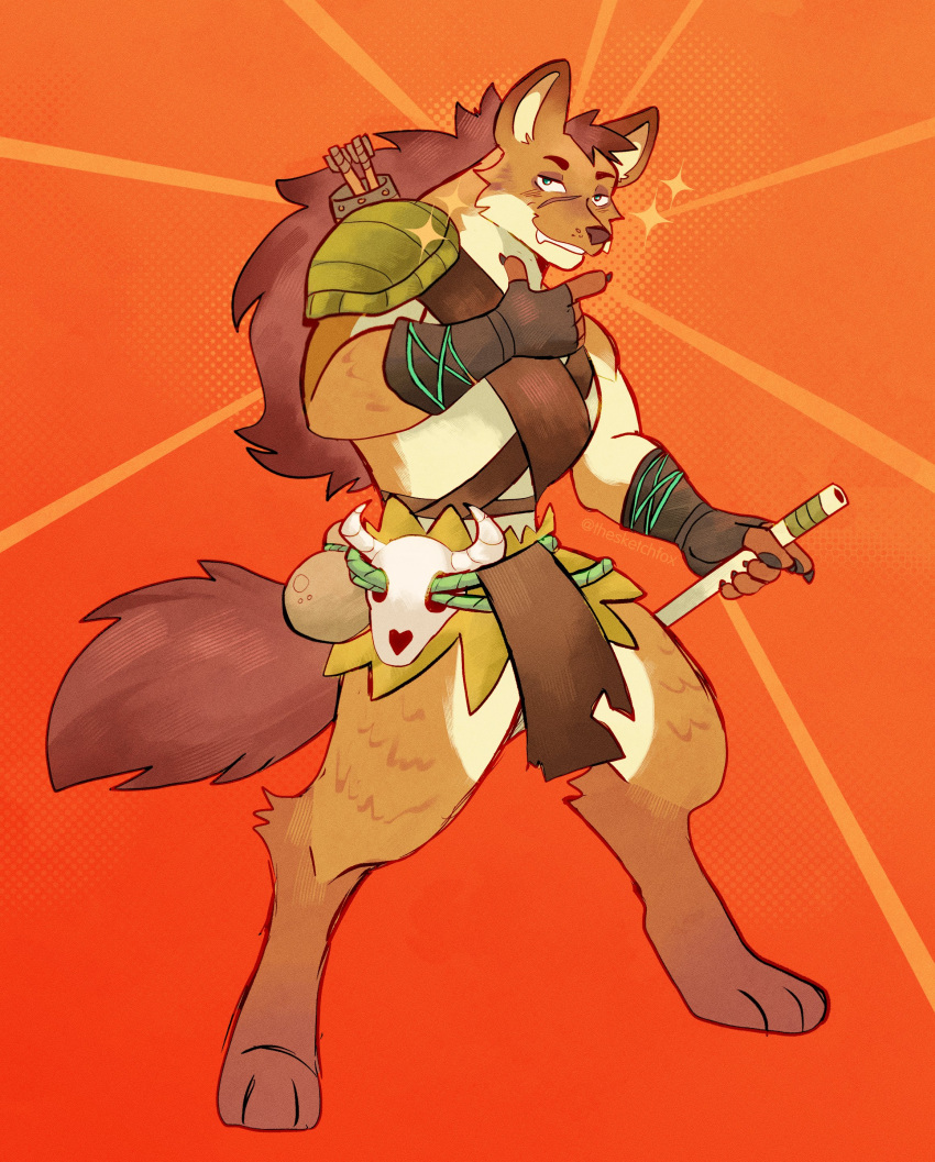 1boy, absurdres, afk_journey, blowgun, claws, digitigrade, english_commentary, fingerless_gloves