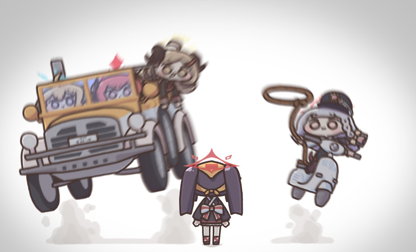 5girls, absurdres, ahoge, akari_(blue_archive), black_dress, black_hair, black_hat, black_horns