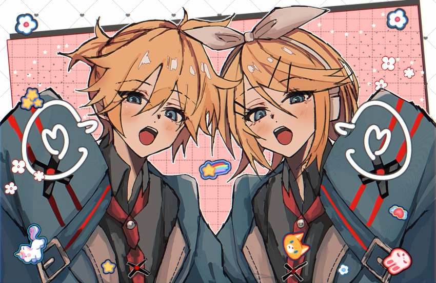 1boy, 1girl, belt_buckle, black_shirt, blue_eyes, blue_jacket, blush, bow