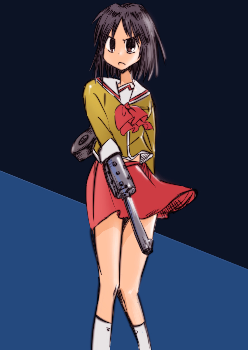 1girl, absurdres, ascot, black_hair, brown_eyes, brown_shirt, fukuokasaga, gun