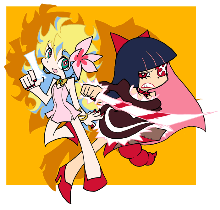 adiane, blonde_hair, blue_hair, company_connection, cosplay, creator_connection, eyepatch, flower, gainax, gun, hair_flower, hair_ornament, luli, multicolored_hair, multiple_girls, nia_teppelin, panty_&amp;_stocking_with_garterbelt, panty_(cosplay), panty_(psg), panty_(psg)_(cosplay), parody, stocking_(cosplay), stocking_(psg), stocking_(psg)_(cosplay), style_parody, sword, tengen_toppa_gurren_lagann, two-tone_hair, weapon