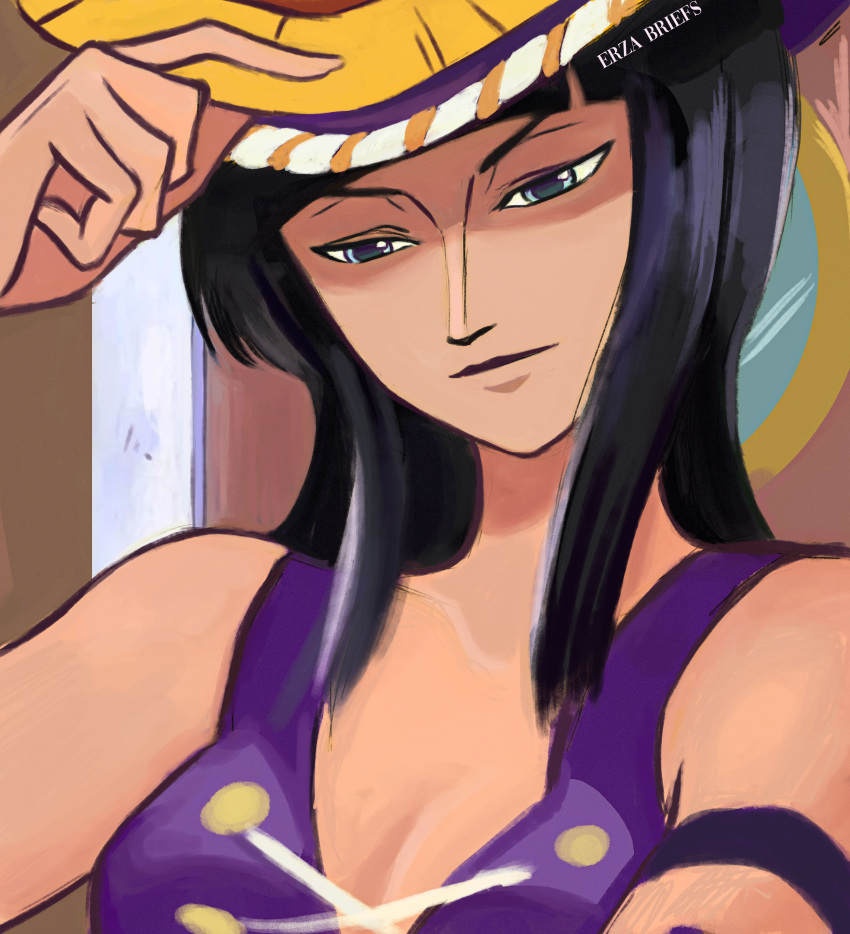 1girl, absurdres, armlet, artist_name, black_hair, blue_eyes, close-up, commentary