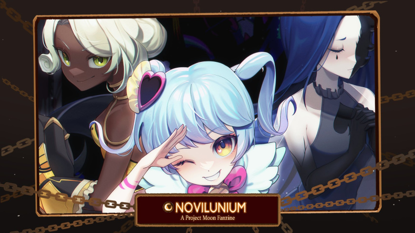 3girls, black_hands, blue_hair, chain, closed_eyes, closed_mouth, dark-skinned_female, dark_blue_hair, dark_skin, dress, english_commentary, english_text, hair_ornament, heart, heart_hair_ornament, highres, inset_border, ion_(io_nite), king_of_greed, knight_of_despair, lobotomy_corporation, long_hair, looking_at_viewer, medium_hair, multiple_girls, one_eye_closed, orange_eyes, own_hands_together, pink_ribbon, project_moon, queen_of_hatred, ribbon, sleeveless, sleeveless_dress, smile, teardrop_facial_mark, teeth, two_side_up, white_hair, yellow_dress, yellow_eyes