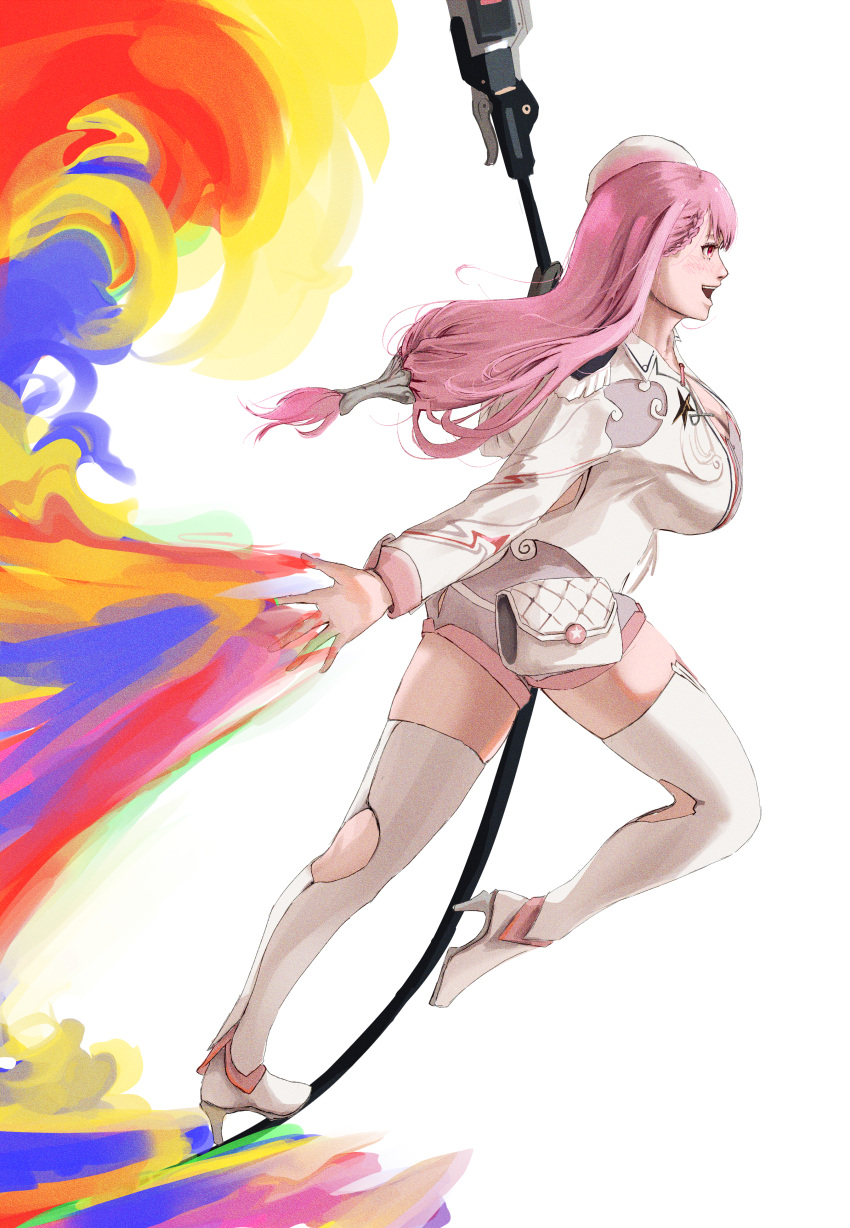 1girl, absurdres, ayla_(punishing:_gray_raven), braid, braided_bangs, breasts, grey_shorts, high_heels, highres, jacket, large_breasts, long_hair, long_sleeves, mairu_(user_2757), open_mouth, pink_eyes, pink_hair, polearm, punishing:_gray_raven, short_shorts, shorts, solo, teeth, thigh-highs, upper_teeth_only, weapon, white_jacket, white_thighhighs