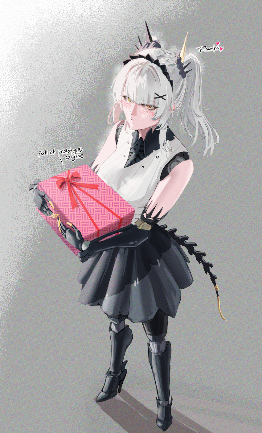 1girl, absurdres, black_skirt, blush, bow, english_commentary, english_text, gift