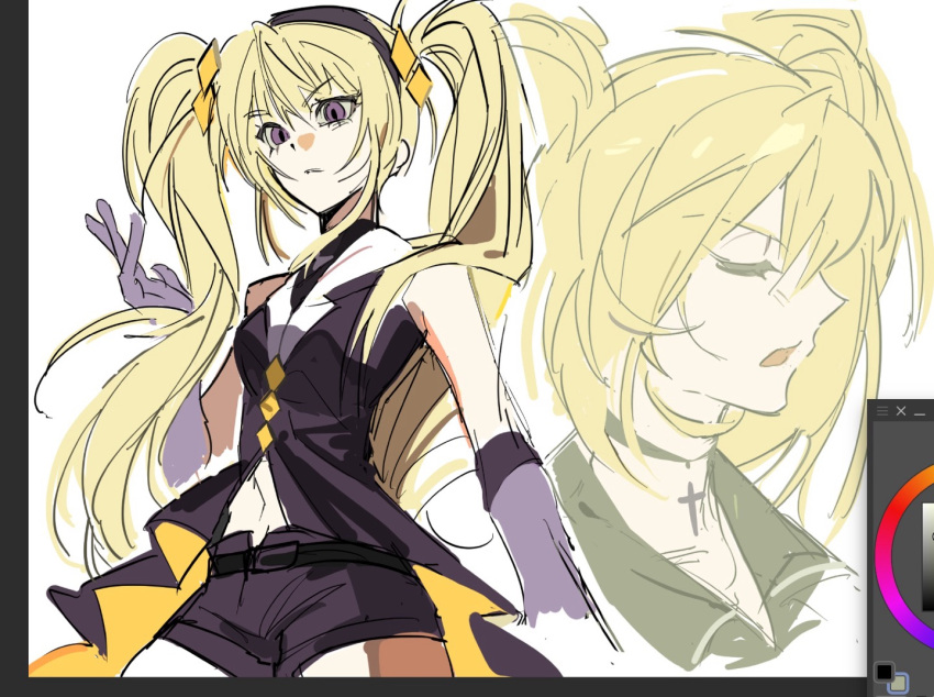 1girl, bike_shorts, black_shorts, blonde_hair, closed_eyes, color_wheel, dark_jewel, gloves